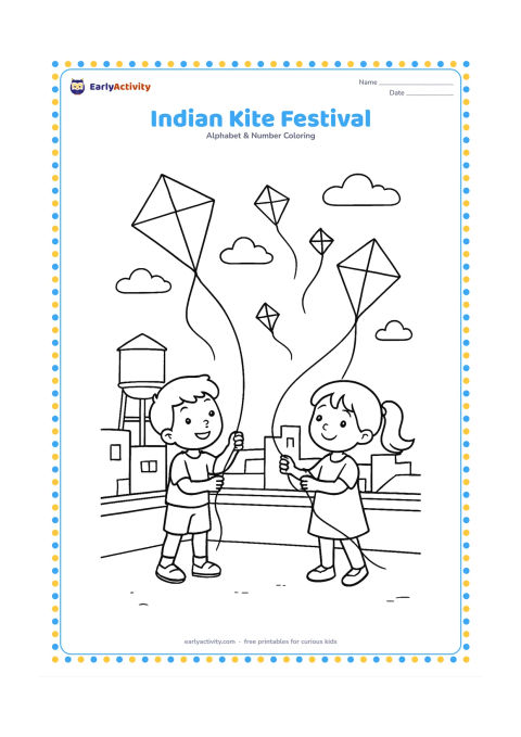 Colouring page: Draw two children flying diamond-shaped kites on a rooftop, with several distant kites, a water tank, low buildings, and a few clouds. Keep all kite surfaces blank.