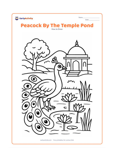 Worksheet: A peacock stands beside a lotus pond near a small Indian temple with steps, a tree and distant hills. The tail opens over the pond edge, with lotus flowers, reeds and several feather eyes.