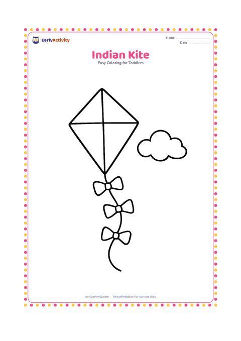 Colouring page: A large diamond-shaped kite flies in an open sky with a long curling tail made from three large bows. Show one simple cloud and no patterns or writing on the kite.
