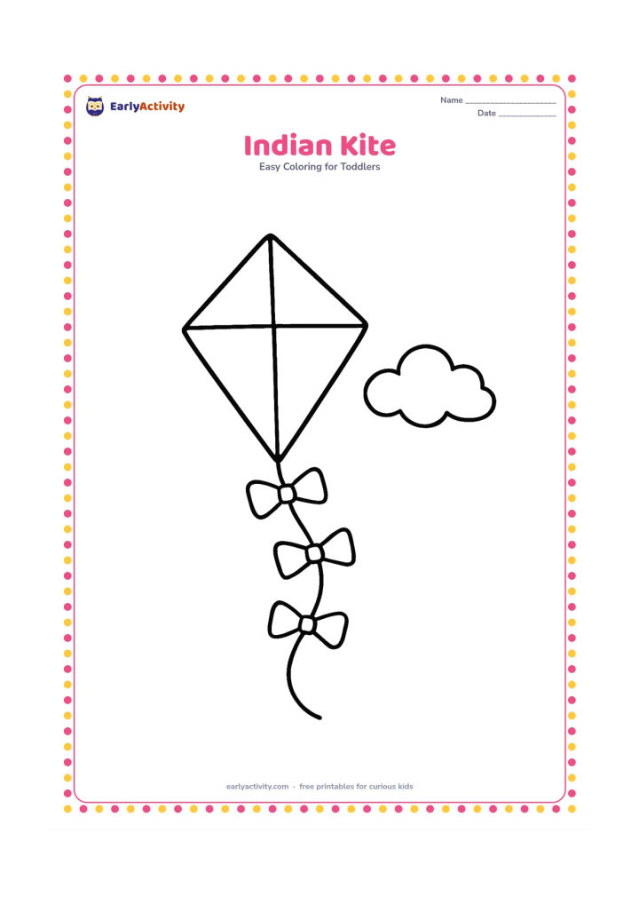 Colouring page: A large diamond-shaped kite flies in an open sky with a long curling tail made from three large bows. Show one simple cloud and no patterns or writing on the kite.