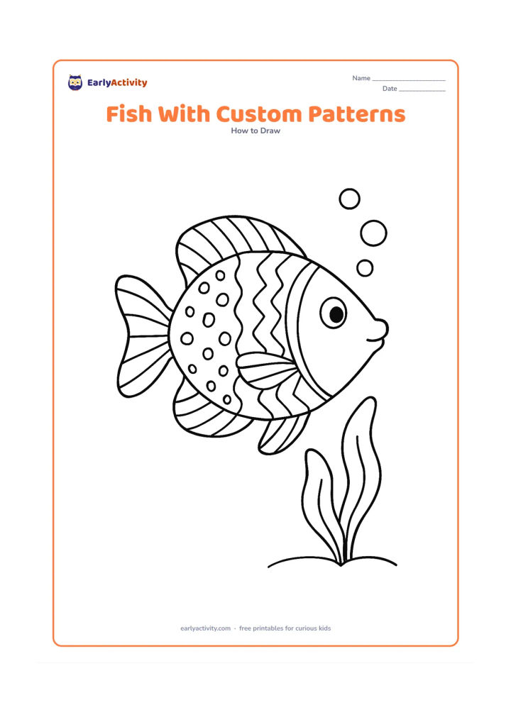 Worksheet: Show one large finished fish divided into open pattern areas containing broad stripes, spots, zigzags, curved bands, and a blank fin area for children to invent their own design. Add a…