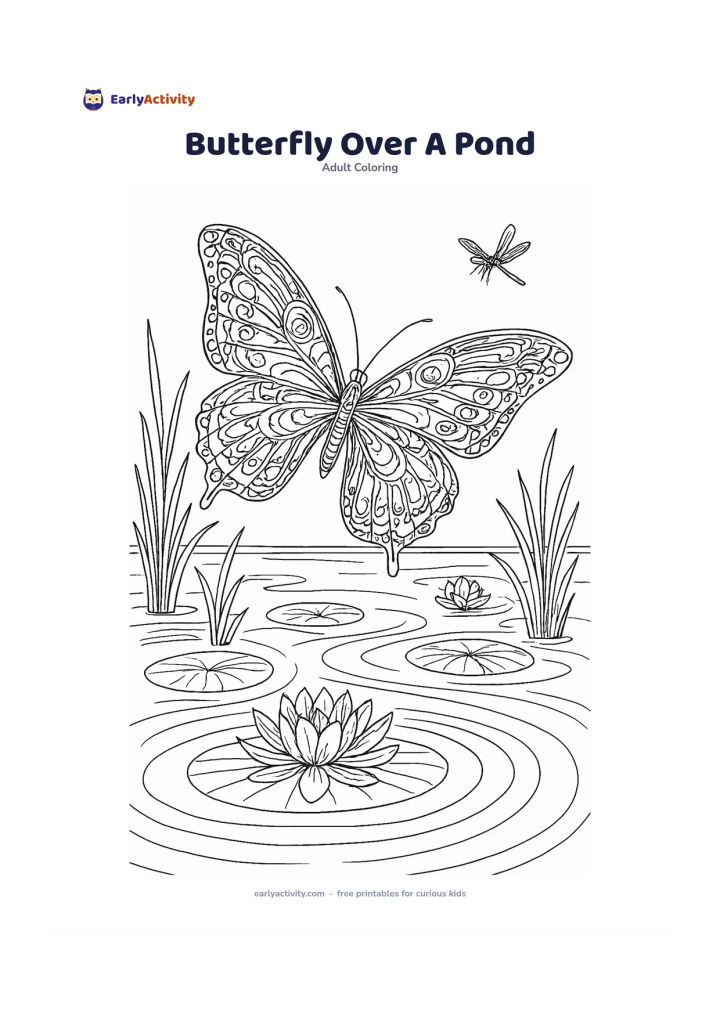 Colouring page: Show a butterfly flying low over a pond with lily pads, reeds, water lilies, and reflected curved ripples. Include one dragonfly in the distance and give the butterfly large wings with…