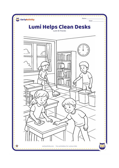 Colouring page: At the end of the school day, Lumi and three classmates wipe desks, return books to shelves and place waste in separate plain bins. Show long classroom rows, open windows, a wall clock…