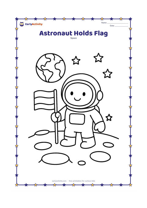 Colouring page: Draw a friendly astronaut holding a plain three-band flag on a short pole while standing on a simple Moon surface. Add a few large craters, stars and Earth in the sky.