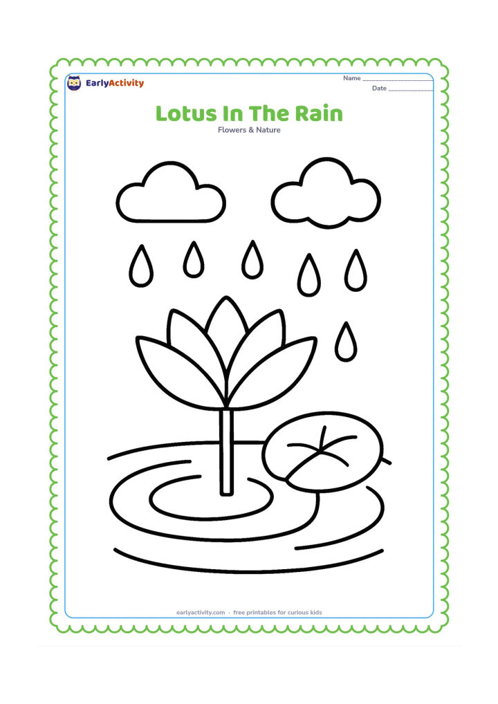 Colouring page: Draw one large lotus and one round leaf in a pond while a few big raindrops fall from two simple clouds. Show several wide ripples around the flower.