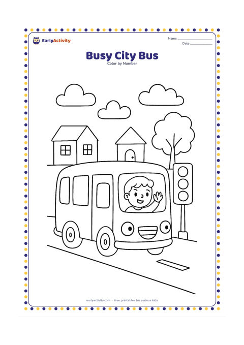 Colouring page: Draw a cheerful bus travelling along a street with a traffic light, two small houses, and a tree. Show a child waving from one window and clouds above.