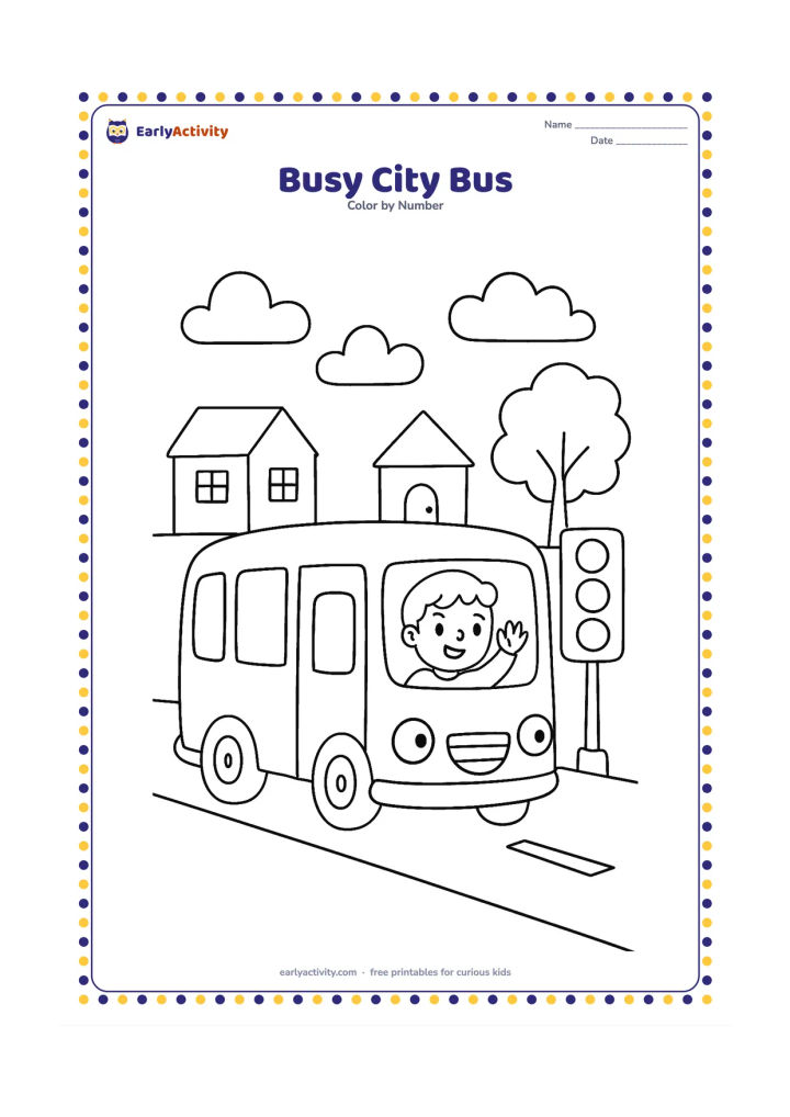 Colouring page: Draw a cheerful bus travelling along a street with a traffic light, two small houses, and a tree. Show a child waving from one window and clouds above.