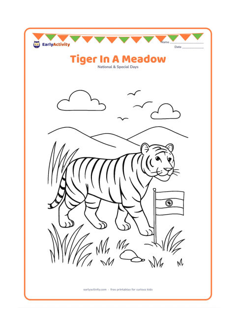Colouring page: Draw an Indian tiger walking calmly through a meadow beside a small Indian flag planted in the ground. Add tall grasses, rocks, distant hills and a few birds in the sky.