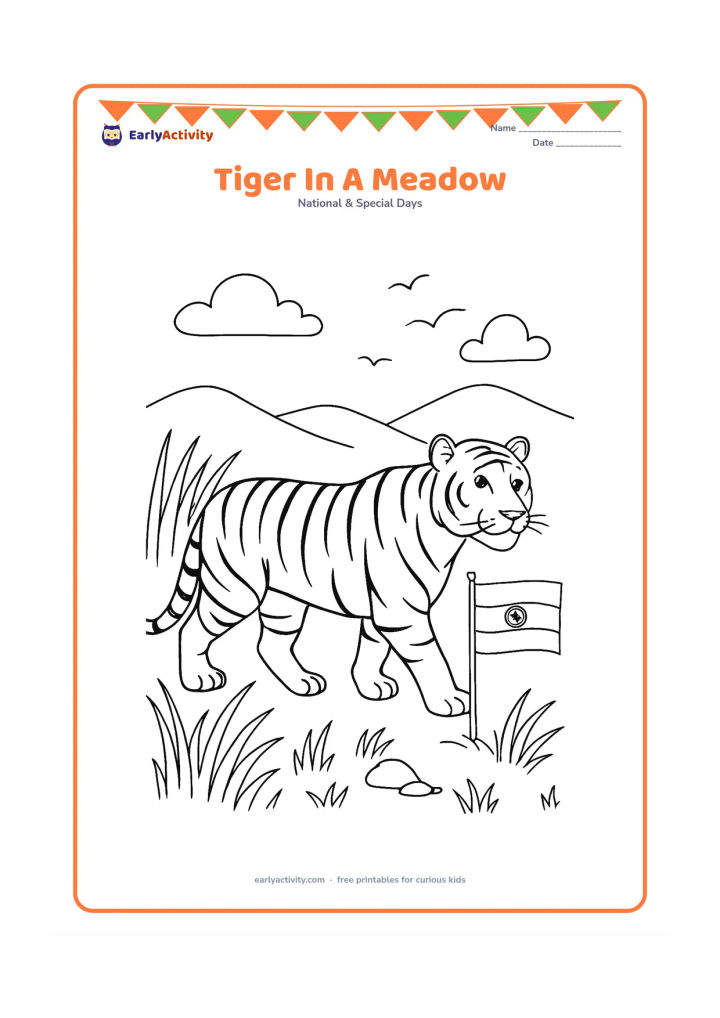 Colouring page: Draw an Indian tiger walking calmly through a meadow beside a small Indian flag planted in the ground. Add tall grasses, rocks, distant hills and a few birds in the sky.
