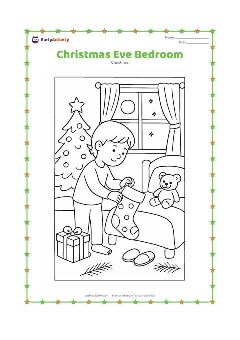 Colouring page: A child places a stocking beside a bed at night while a small Christmas tree glows near the window. Include moonlight through the window, a teddy bear, slippers, a gift and an evergreen…