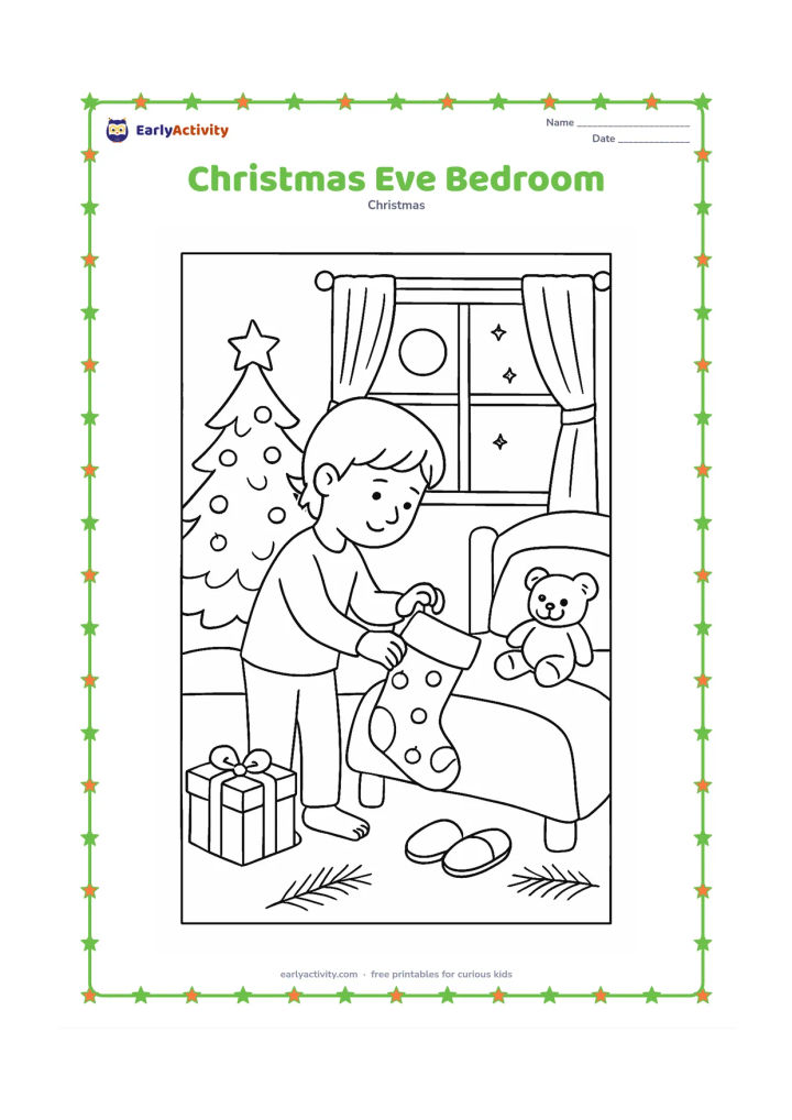 Colouring page: A child places a stocking beside a bed at night while a small Christmas tree glows near the window. Include moonlight through the window, a teddy bear, slippers, a gift and an evergreen…