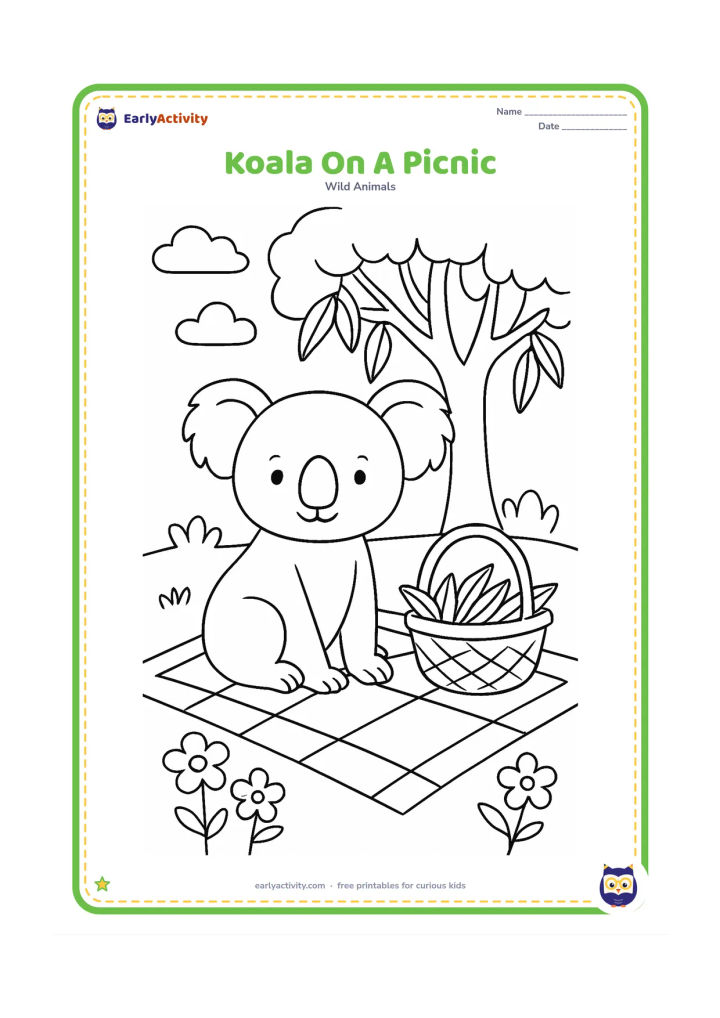 Colouring page: Draw a koala sitting on a patterned picnic blanket with a basket of eucalyptus leaves beside it. Add a gum tree, a few clouds and simple native flowers.