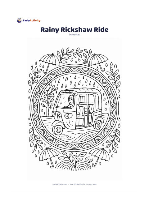 Colouring page: Create a circular mandala with an adult seated safely inside a cheerful auto-rickshaw during light rain, with a street tree and puddle reflections around it. Surround the vehicle with…