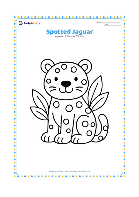 Colouring page: Draw a happy jaguar sitting with its tail curled beside its paws. Add a few large, simple spots and two leafy plants behind it.