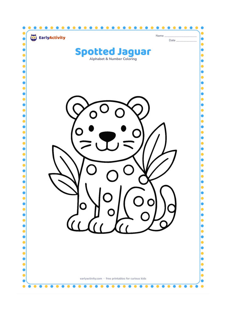 Colouring page: Draw a happy jaguar sitting with its tail curled beside its paws. Add a few large, simple spots and two leafy plants behind it.