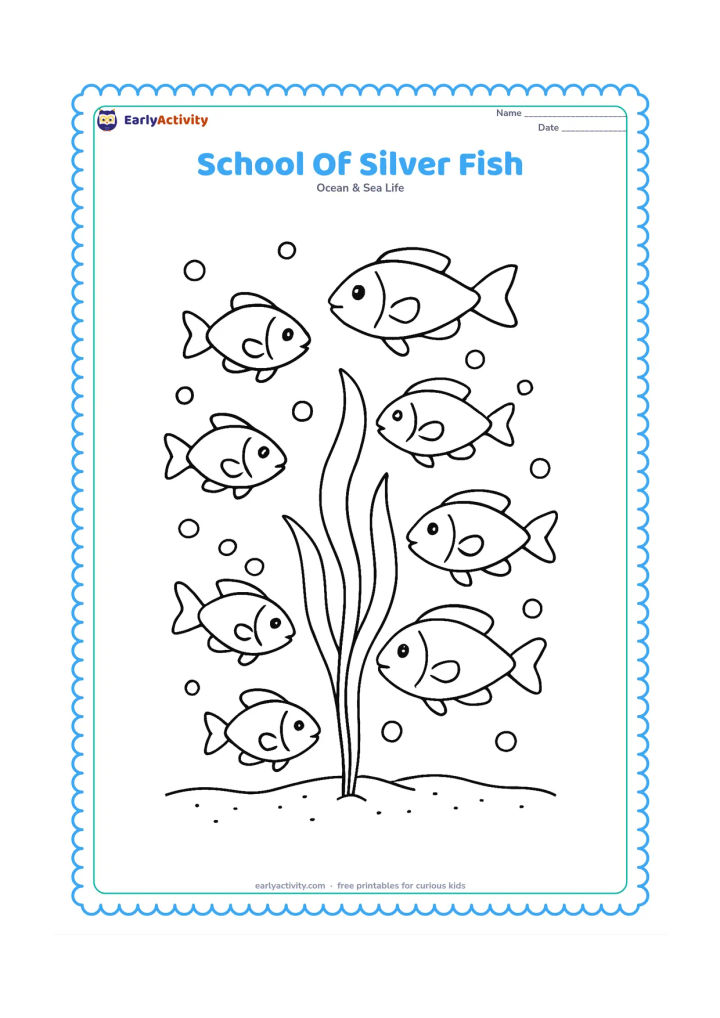 Colouring page: Draw a school of seven fish moving in a curved formation around a tall sea plant, with varied body sizes, bubbles and a sandy seabed. Each fish should have visible fins, tails and gill…