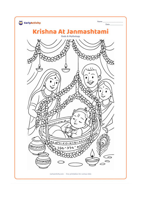 Colouring page: Draw baby Krishna resting safely in a decorated cradle during a peaceful Janmashtami celebration. Include flower garlands, hanging fabric, butter pots, lamps, peacock feathers, and…