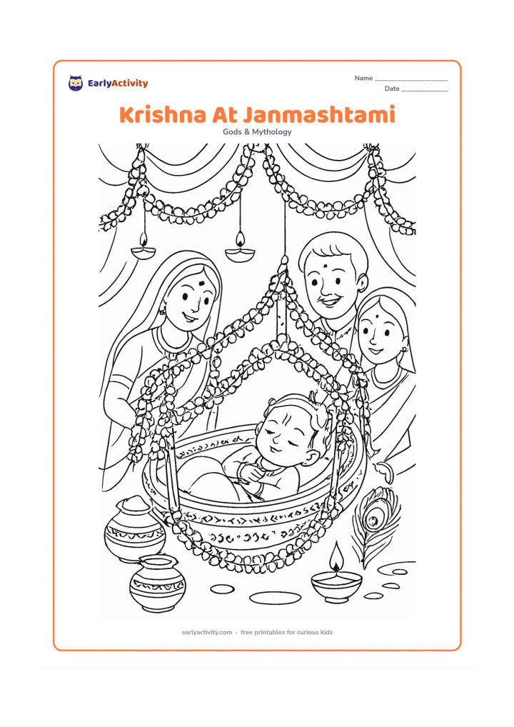 Colouring page: Draw baby Krishna resting safely in a decorated cradle during a peaceful Janmashtami celebration. Include flower garlands, hanging fabric, butter pots, lamps, peacock feathers, and…