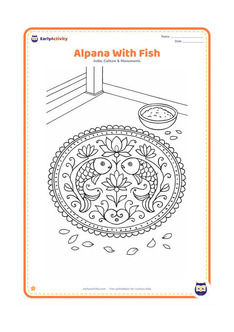 Colouring page: Create a detailed Bengal-inspired alpana with mirrored fish shapes, lotus flowers, curling vines, dots and a layered circular border. Place the design on a veranda beside a bowl of rice…