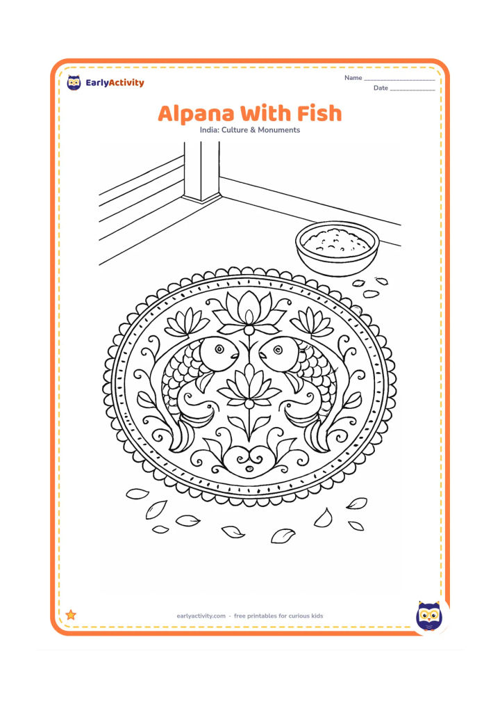 Colouring page: Create a detailed Bengal-inspired alpana with mirrored fish shapes, lotus flowers, curling vines, dots and a layered circular border. Place the design on a veranda beside a bowl of rice…
