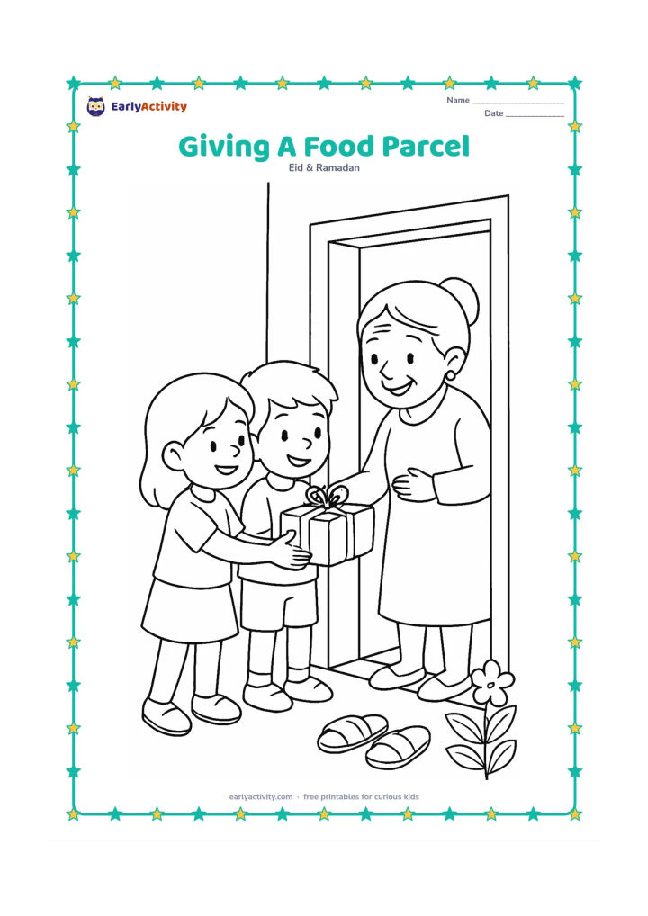 Colouring page: Two children hand a neatly tied food parcel to an elderly neighbour outside a home, with a doorway, sandals, and a flowering plant nearby.