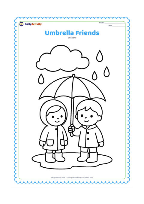 Colouring page: Two young children stand together under one oversized umbrella beside a puddle. One child wears gumboots and the other wears a raincoat, with a cloud and large raindrops overhead.
