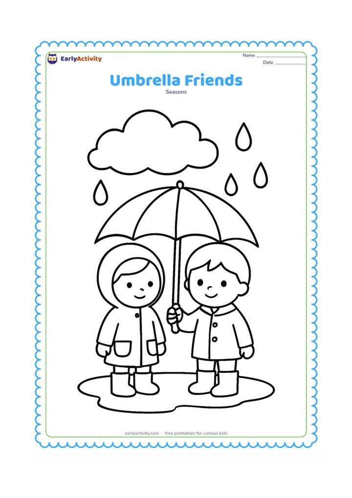 Colouring page: Two young children stand together under one oversized umbrella beside a puddle. One child wears gumboots and the other wears a raincoat, with a cloud and large raindrops overhead.