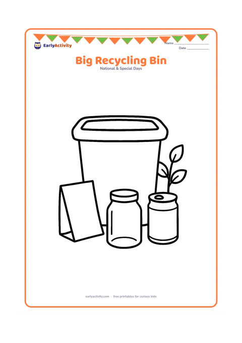 Colouring page: Draw one large open recycling bin with plain sides and three clean items beside it: a paper sheet, a glass jar and a metal can. Add a small leafy plant in the background.