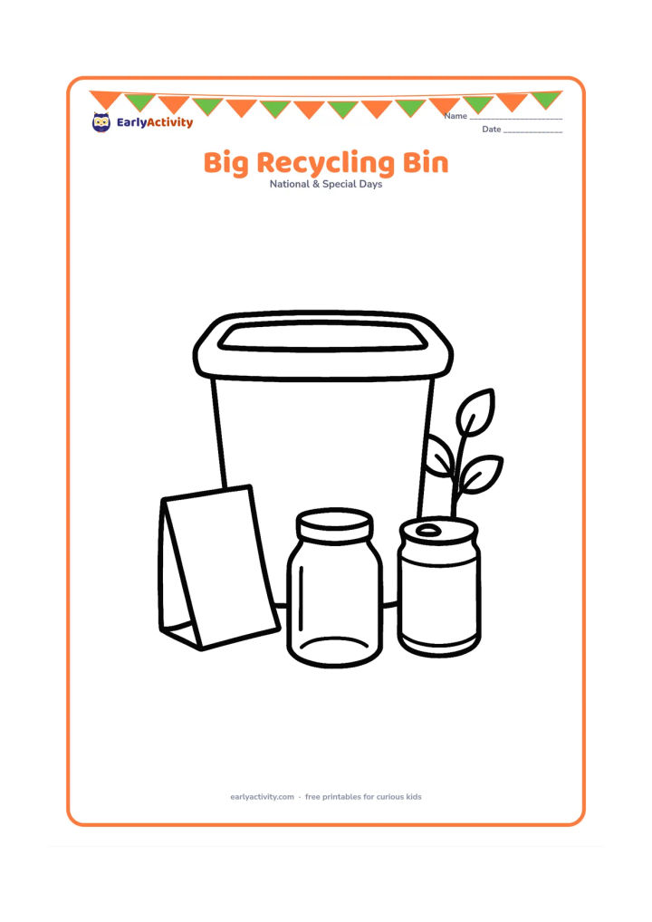 Colouring page: Draw one large open recycling bin with plain sides and three clean items beside it: a paper sheet, a glass jar and a metal can. Add a small leafy plant in the background.
