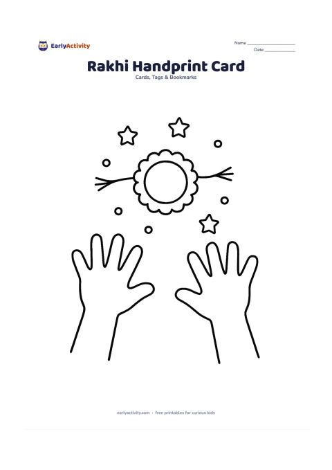 Worksheet: Draw two large open hands reaching toward a central rakhi with a round centre and short threads, surrounded by simple stars and dots. Leave the lower half blank for decorating and writing.