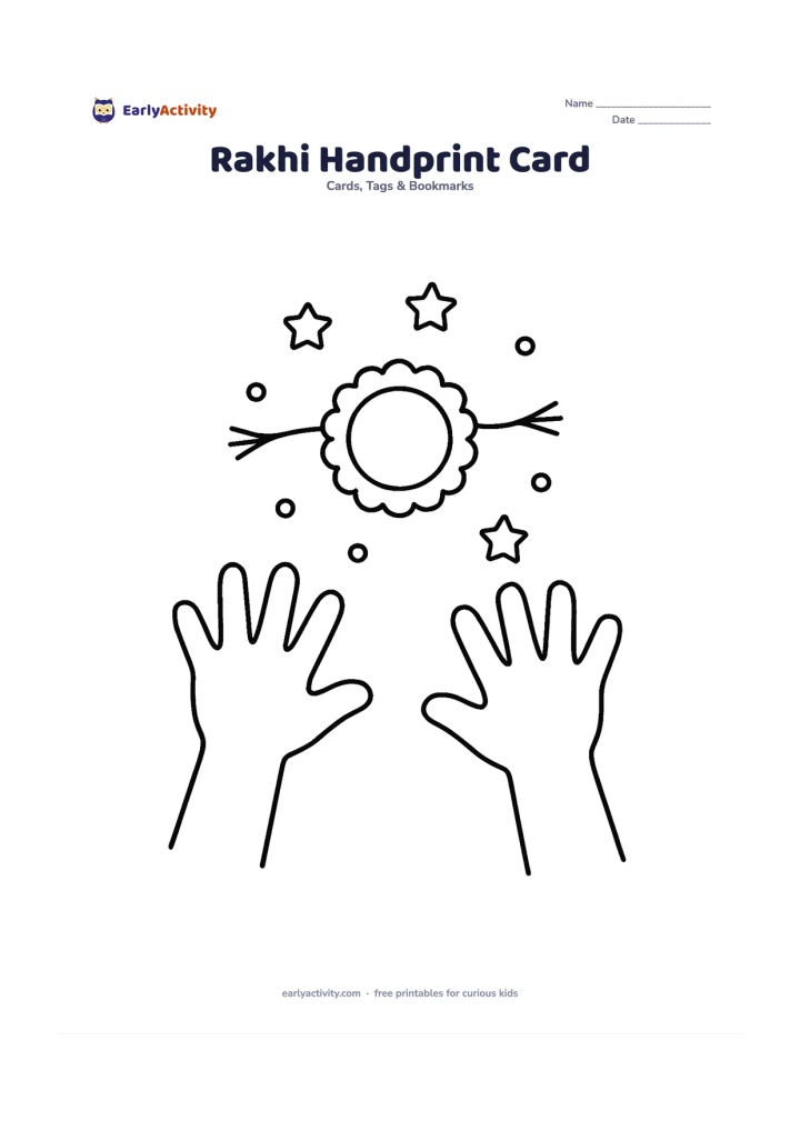 Worksheet: Draw two large open hands reaching toward a central rakhi with a round centre and short threads, surrounded by simple stars and dots. Leave the lower half blank for decorating and writing.