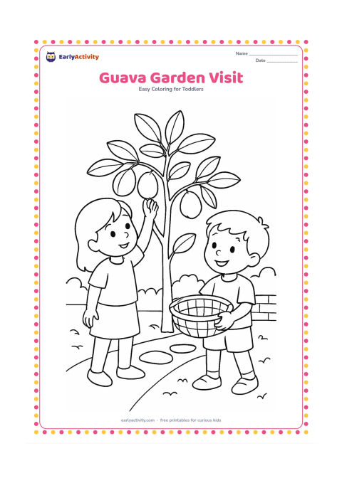 Colouring page: Draw a child picking a guava from a small guava tree while another child holds a basket below. Add broad leaves, a few hanging fruits, a garden path and a low wall.