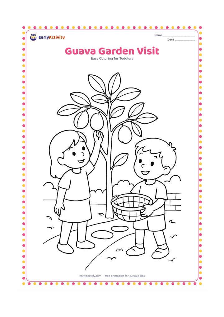 Colouring page: Draw a child picking a guava from a small guava tree while another child holds a basket below. Add broad leaves, a few hanging fruits, a garden path and a low wall.
