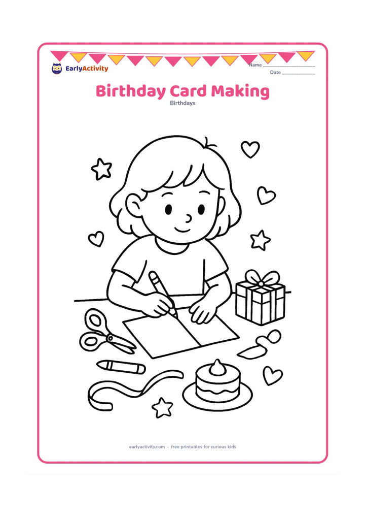 Colouring page: A child decorates a blank folded birthday card at a table with crayons, scissors, ribbon, a small cake, and a wrapped gift. Show a few simple heart and star shapes around the workspace.