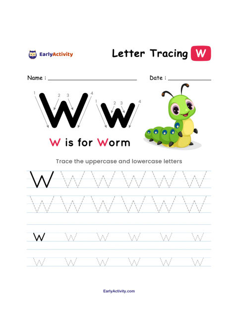 Worksheet showing uppercase and lowercase W letters to trace, with a smiling green worm beside the letter W.