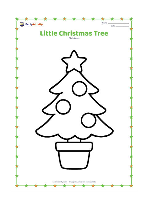 Colouring page: Draw a small evergreen Christmas tree in a simple pot, decorated with large round ornaments and a star on top.