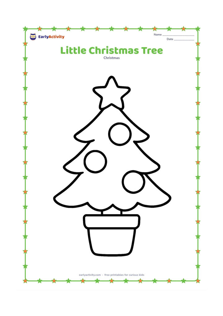 Colouring page: Draw a small evergreen Christmas tree in a simple pot, decorated with large round ornaments and a star on top.