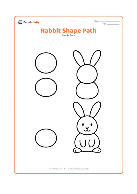 Worksheet: Show three large visual stages across the page: separate circles and ovals, those shapes joined into a rabbit, and a finished sitting rabbit with ears, paws, eyes and tail. Do not use…