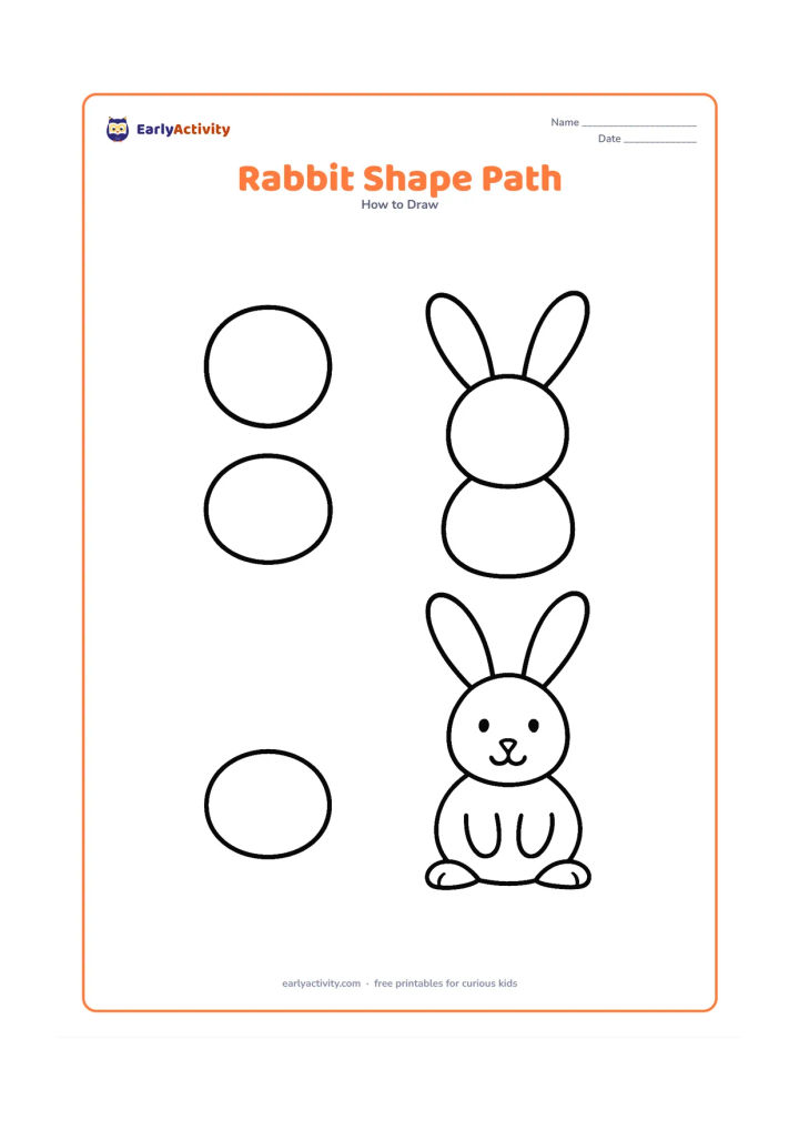 Worksheet: Show three large visual stages across the page: separate circles and ovals, those shapes joined into a rabbit, and a finished sitting rabbit with ears, paws, eyes and tail. Do not use…