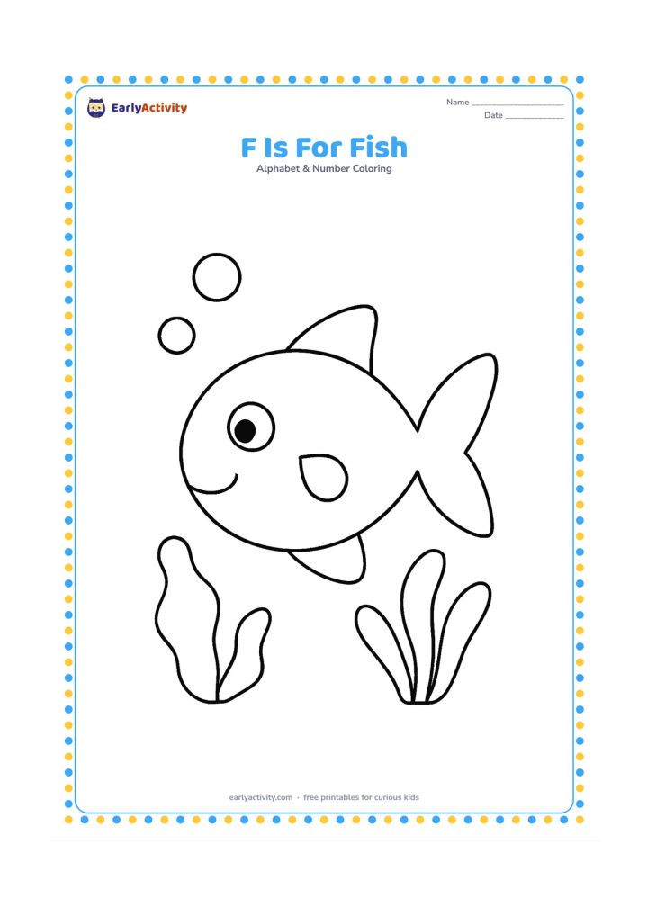 Colouring page: Draw one large cheerful fish swimming among three rounded bubbles and two broad sea plants. Leave open water around the fish.