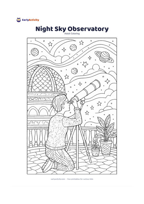 Colouring page: A person looks through a small telescope on a hilltop observatory terrace, surrounded by a domed roof, railings, potted plants and a sky filled with stars, planets and curved cloud…