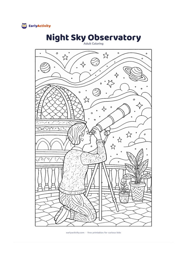 Colouring page: A person looks through a small telescope on a hilltop observatory terrace, surrounded by a domed roof, railings, potted plants and a sky filled with stars, planets and curved cloud…
