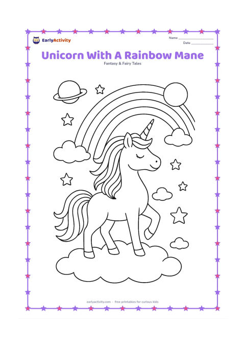 Colouring page: Draw one proud unicorn standing on a cloud, with its mane and tail separated into many flowing sections, surrounded by stars, planets without markings, smaller clouds, and a sweeping…