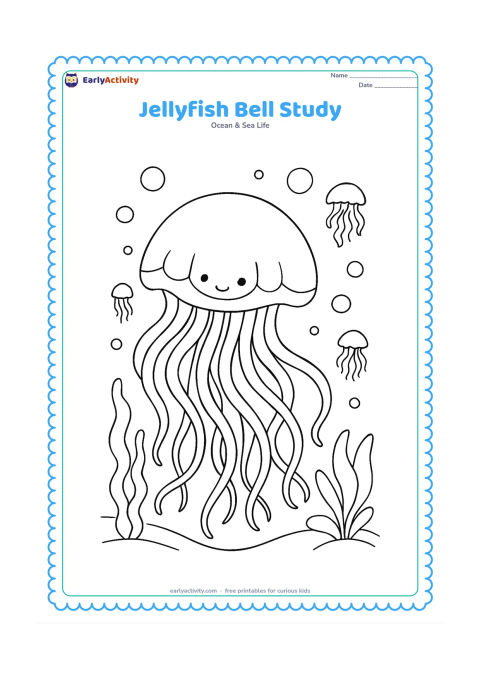 Colouring page: Draw a large jellyfish in the foreground with a clearly outlined bell, inner bell curves and many flowing tentacles. Surround it with smaller jellyfish in the distance, bubbles and…