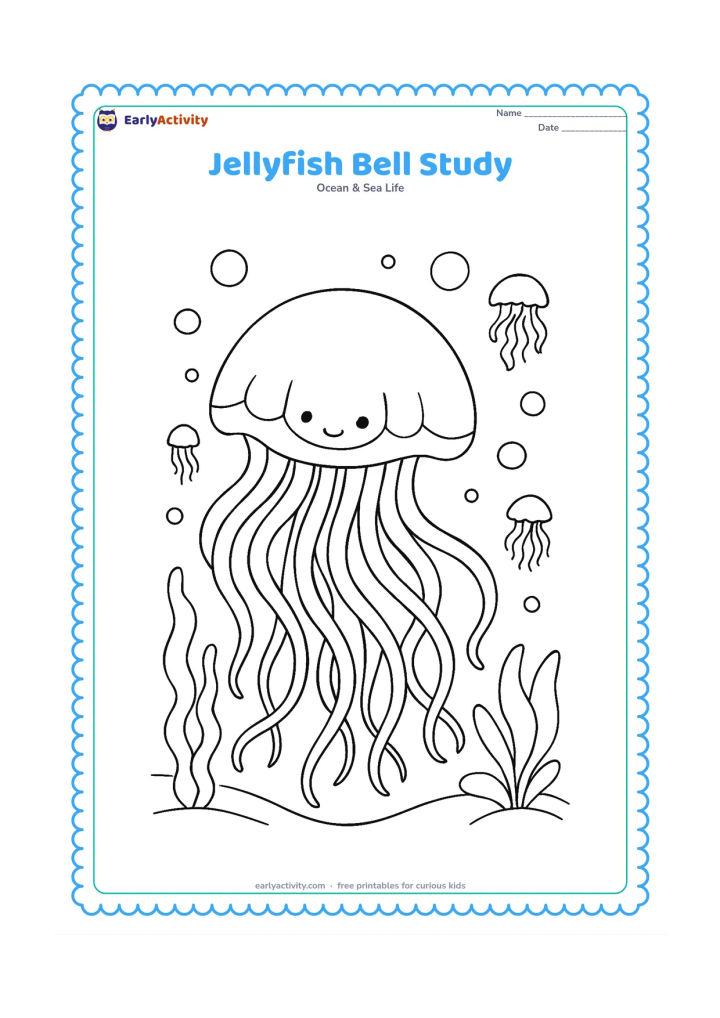 Colouring page: Draw a large jellyfish in the foreground with a clearly outlined bell, inner bell curves and many flowing tentacles. Surround it with smaller jellyfish in the distance, bubbles and…