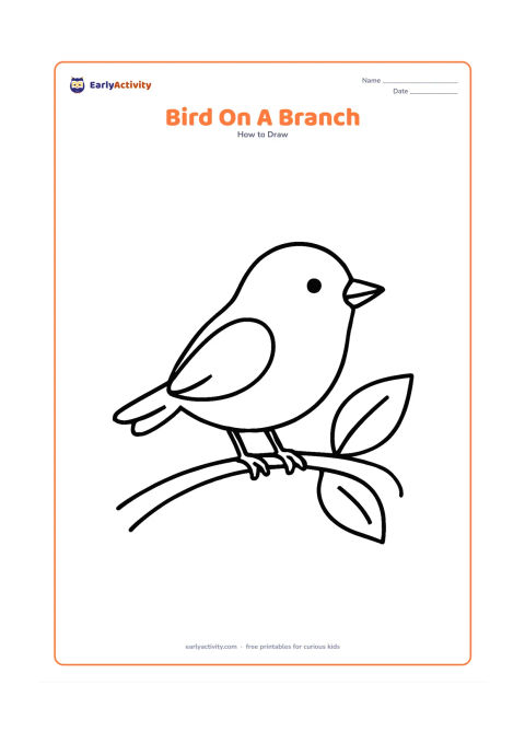 Worksheet: A cheerful side-view bird perched on a curved branch with two large leaves. Show one oval body, one folded wing, a pointed beak and clear feet gripping the branch.