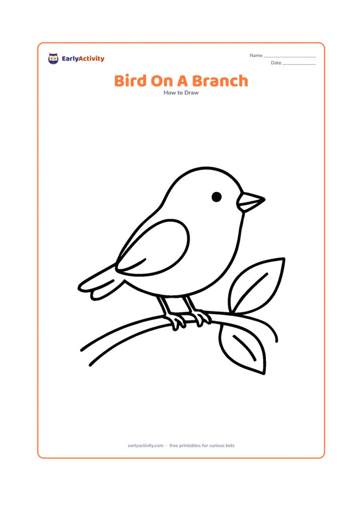 Worksheet: A cheerful side-view bird perched on a curved branch with two large leaves. Show one oval body, one folded wing, a pointed beak and clear feet gripping the branch.