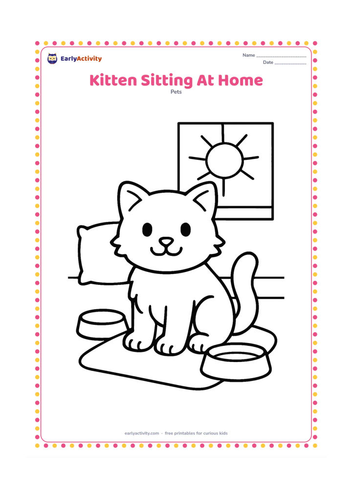 Colouring page: A fluffy kitten sits upright on a small rug beside a food bowl and water bowl. Show a simple wall, one cushion and a sunny window with large open areas.