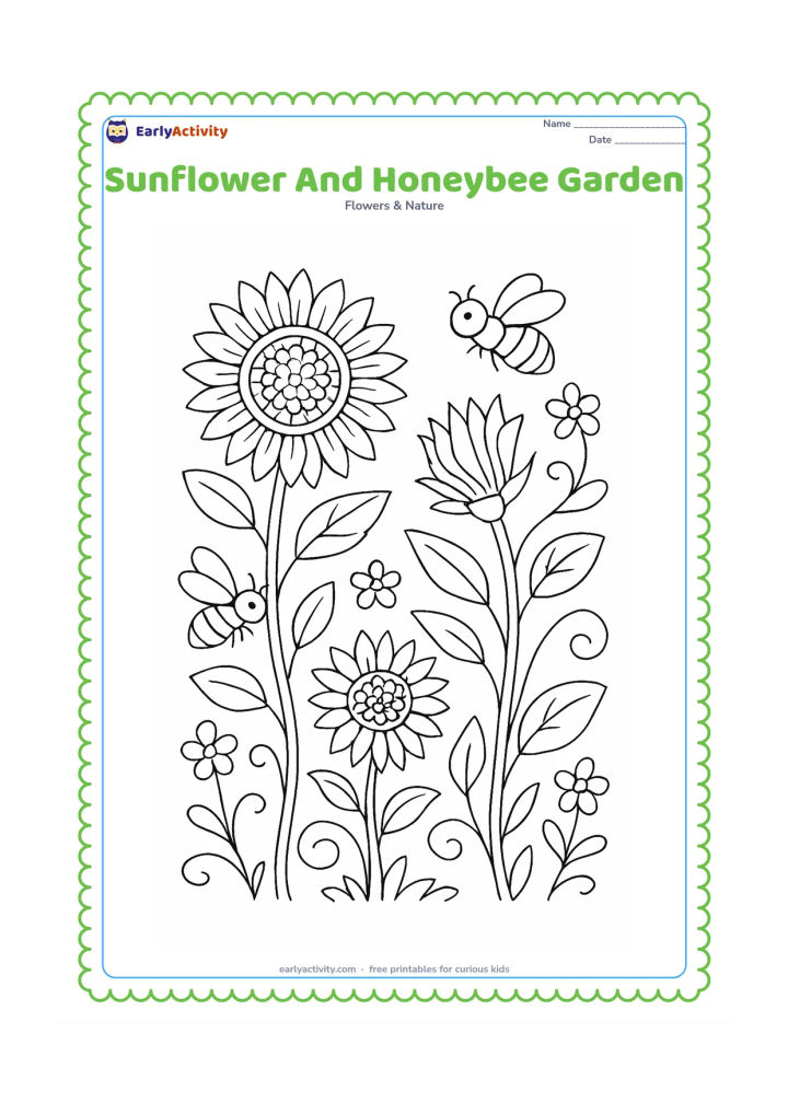 Colouring page: Several sunflowers at different stages share a garden with two honeybees, a few smaller flowers, curling stems, and overlapping leaves. Show one open head with a patterned centre and one…
