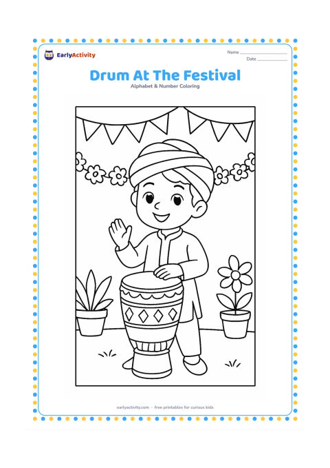 Colouring page: A child plays a decorated hand drum at an outdoor Indian celebration, with simple bunting, flower garlands and a few potted plants in the background. Keep all decorations as plain shapes…